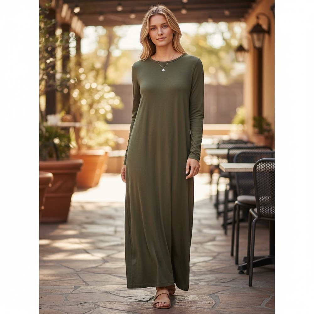 KOTN midi t-shirt dress women size M olive green 100% Egyptian cotton crew neck